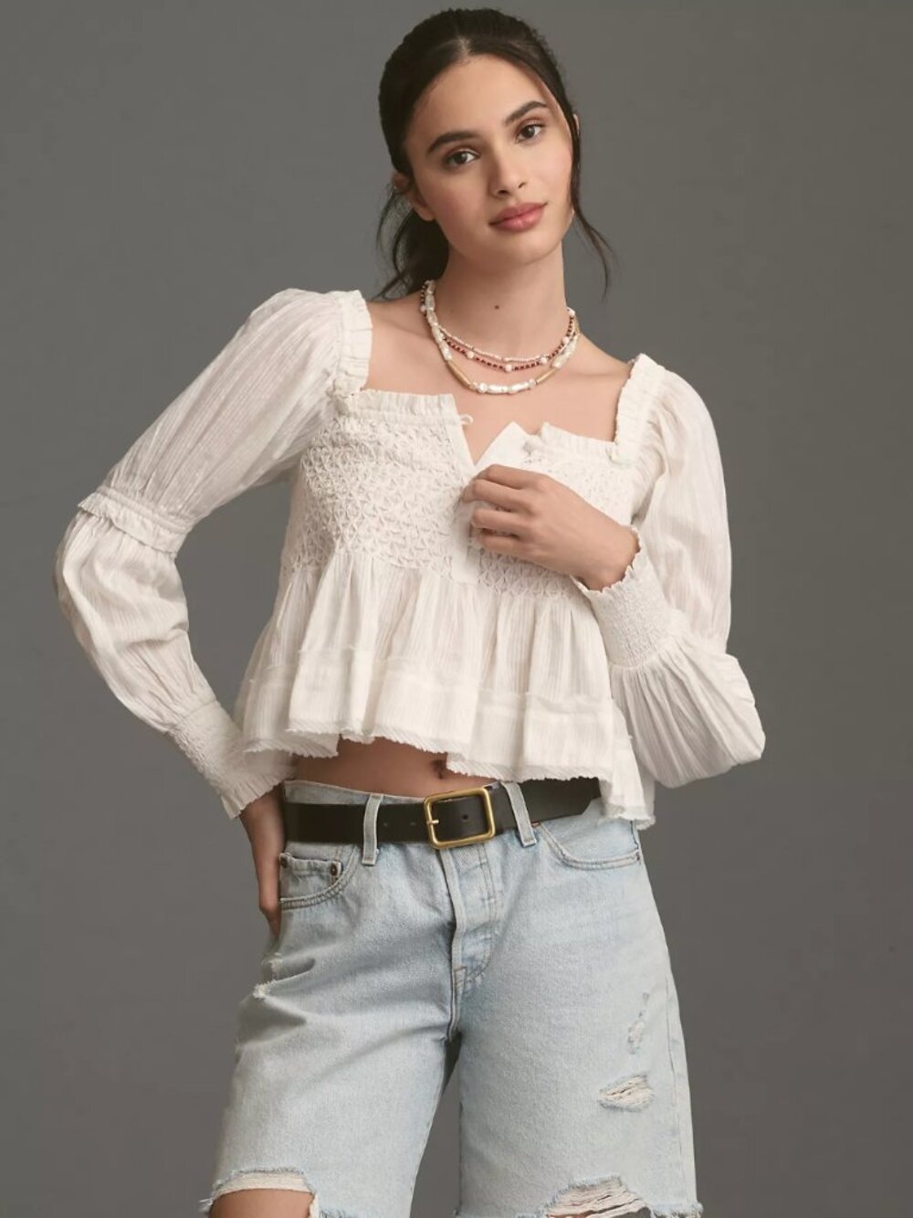 Anthropologie White Cotton Smocked Shirred Button Down Cropped Babydoll Top